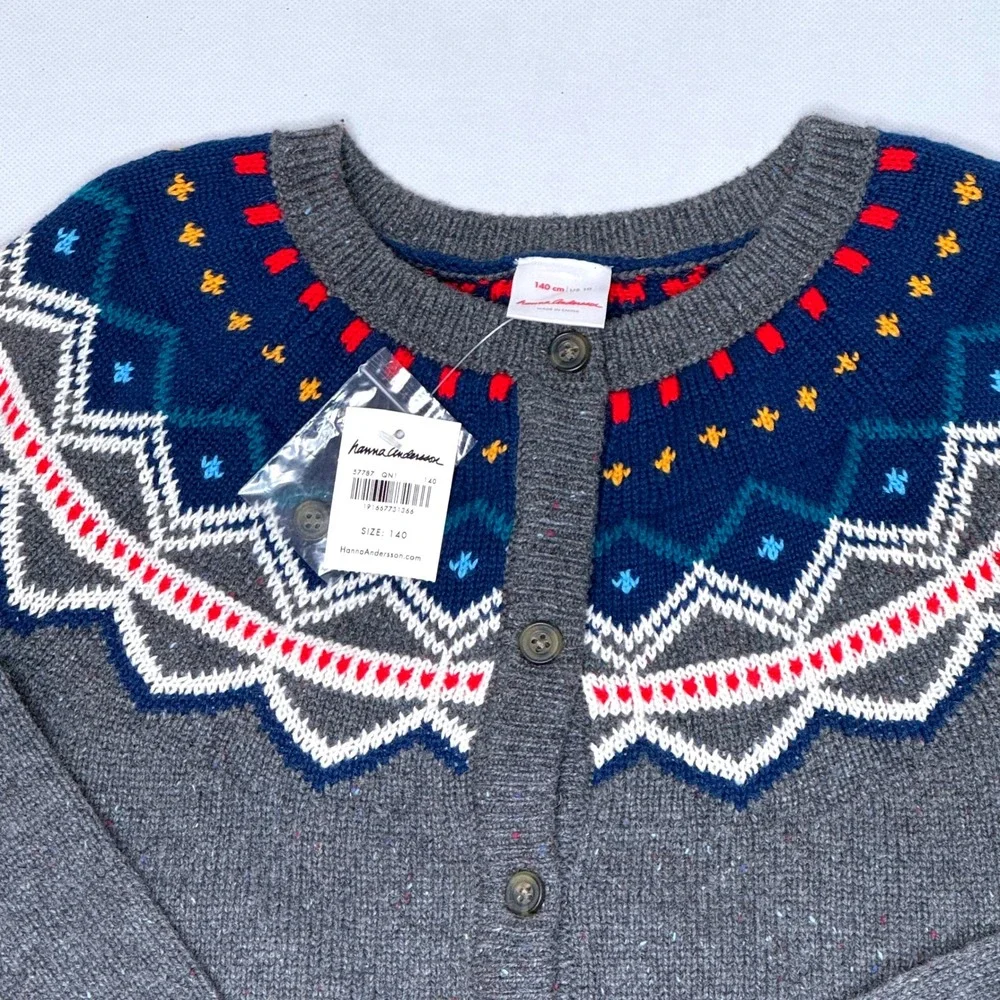 HANNA ANDERSSON NEW Fair Isle Cardigan Sweater Girls 10 Gray Blue Preppy Winter